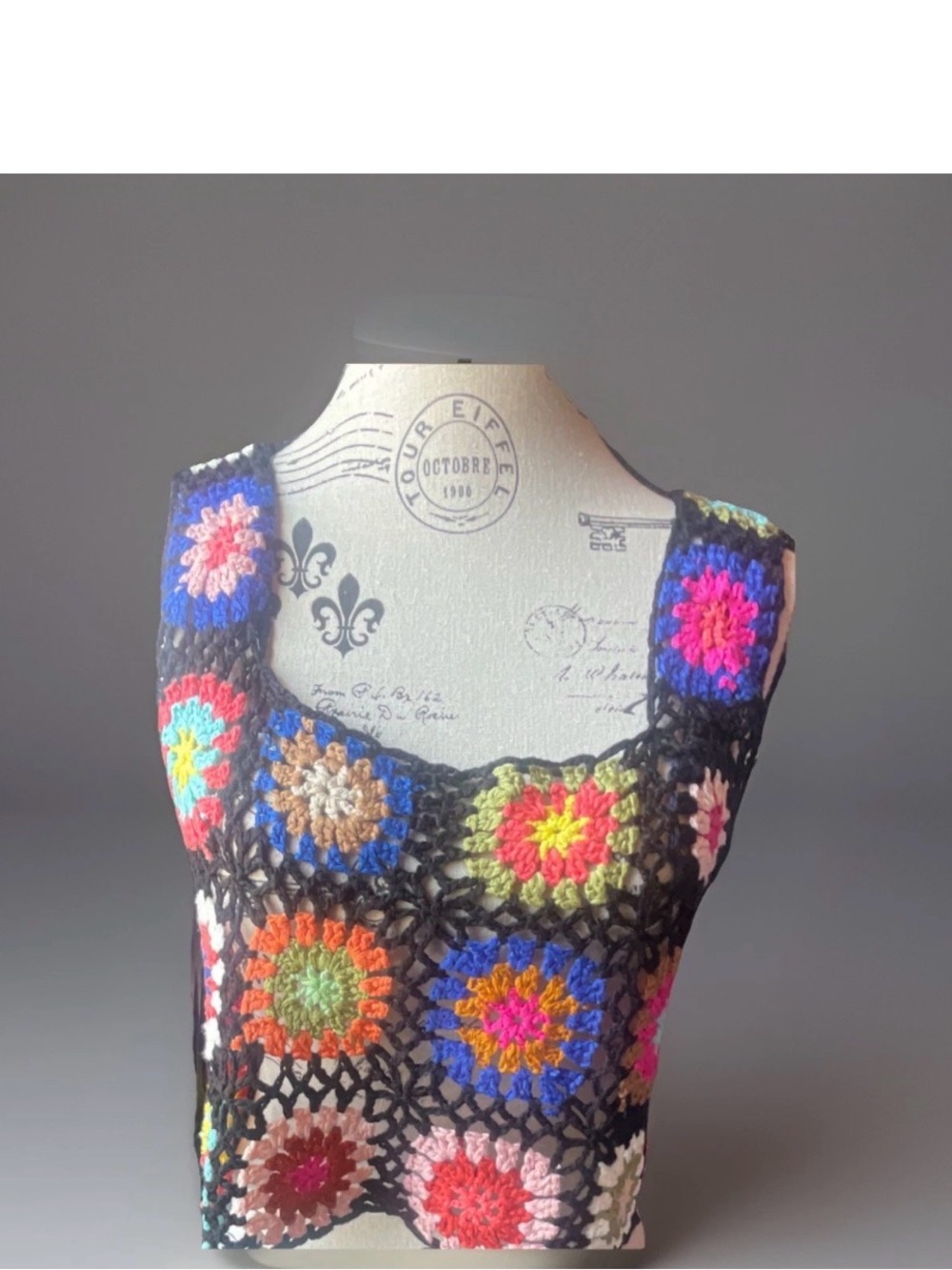 Le Lis Black Crochet Tank Top with Bright Multi-Color Squares - Picture 2 of 4